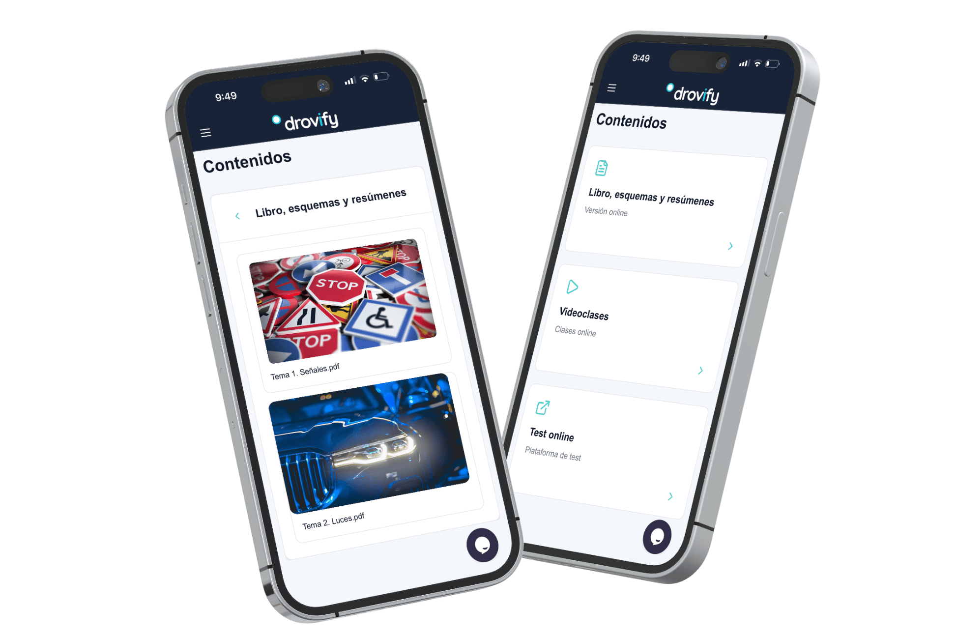 Contenidos de teórica: libro, esquemas, videoclases y test online en la app del alumno