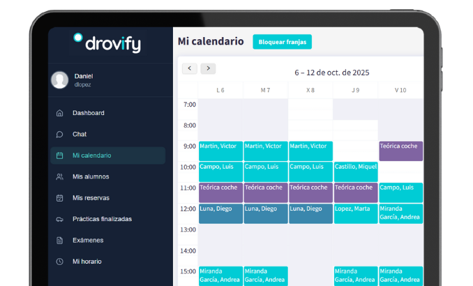 Calendario de clases para profesores en Drovify