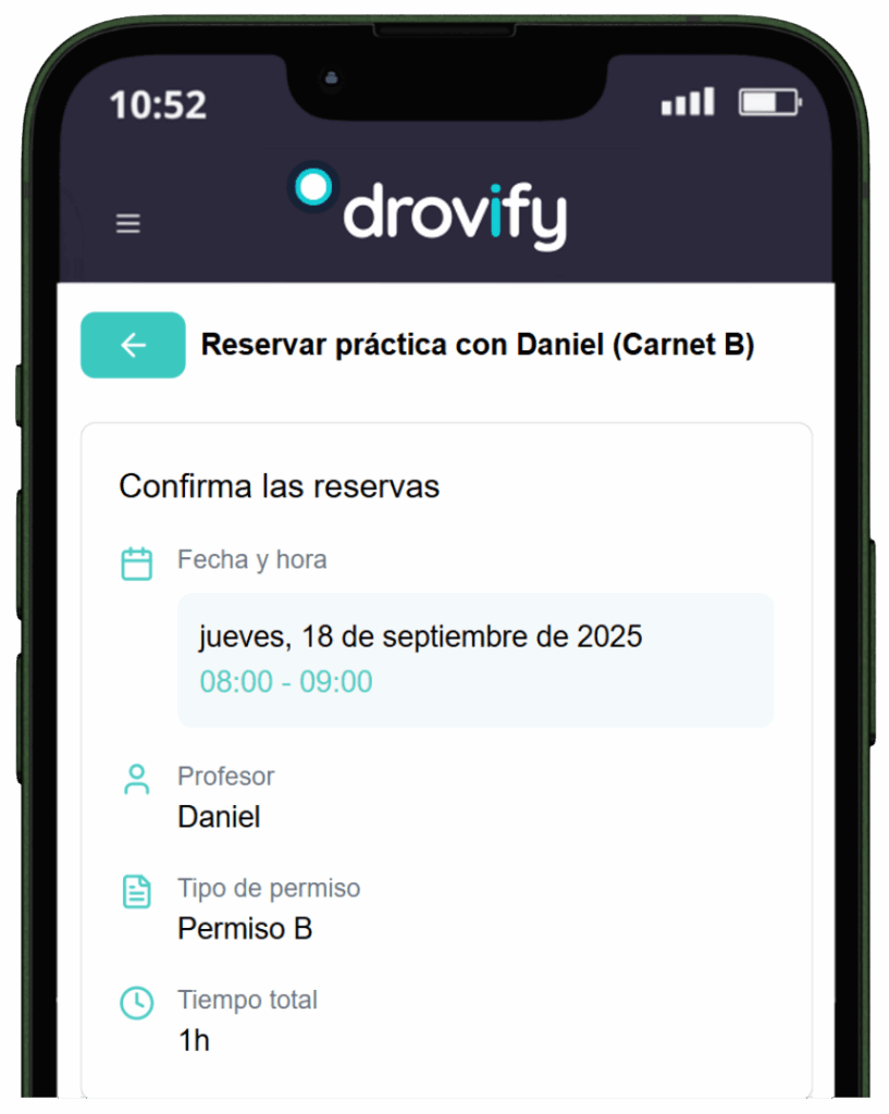 App móvil Drovify para reserva de clases prácticas de autoescuela