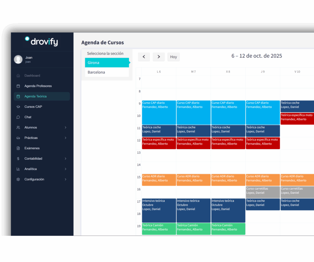 Calendario de Gestión de alumnos y profesores en Drovify